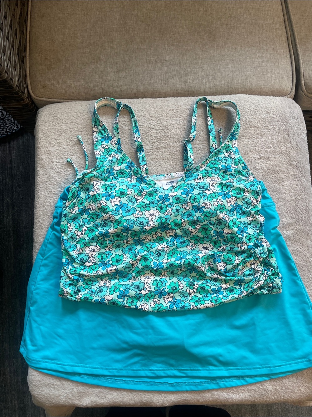 Lands' End Teal Floral Tankini Top and Skirt Bottom Size 12
